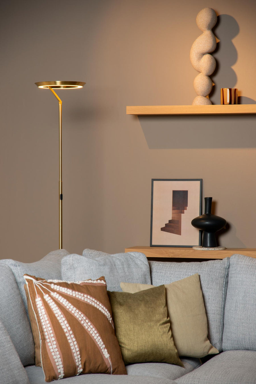 Lucide CELESTE dimbare LED-vloerlamp Ø 28 cm, 21 W, matgoud / messing