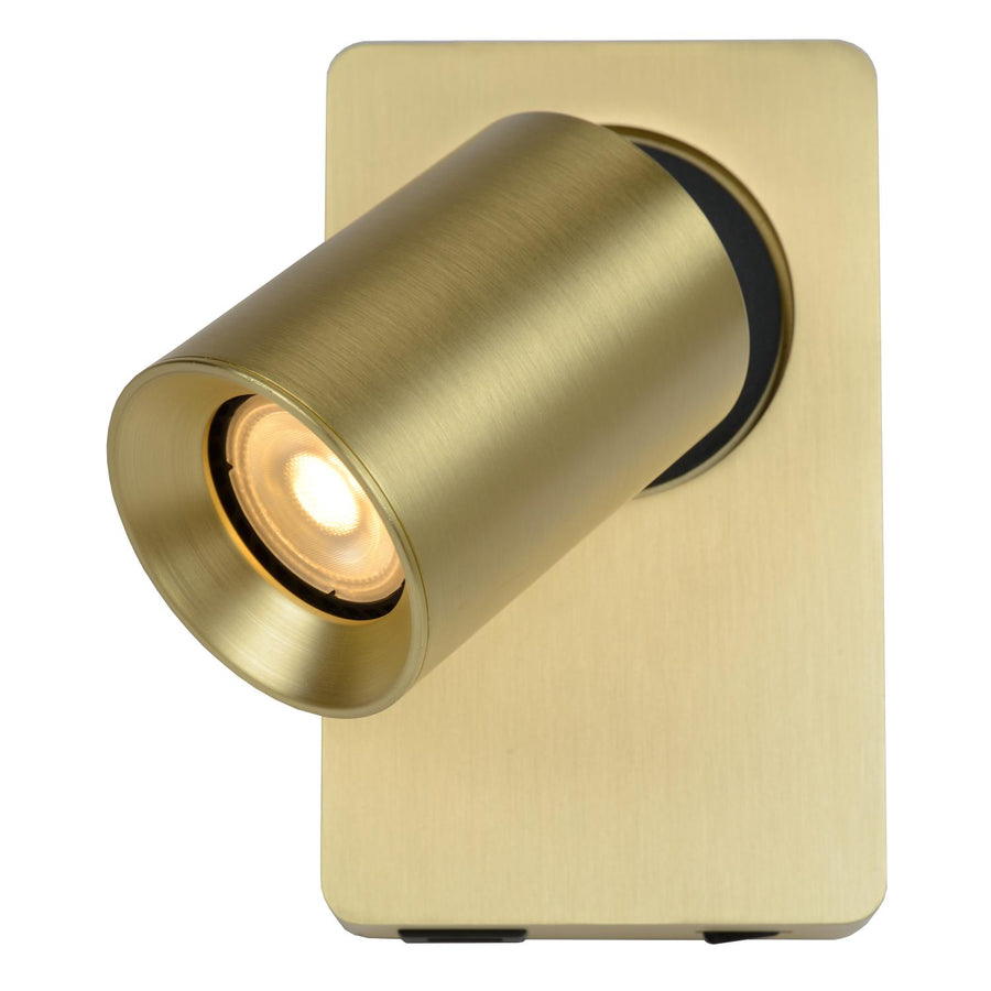 Lucide NIGEL LED-nachtlampje met USB-poort, GU10, 5 W, 2200–3000 K, matgoud / messing
