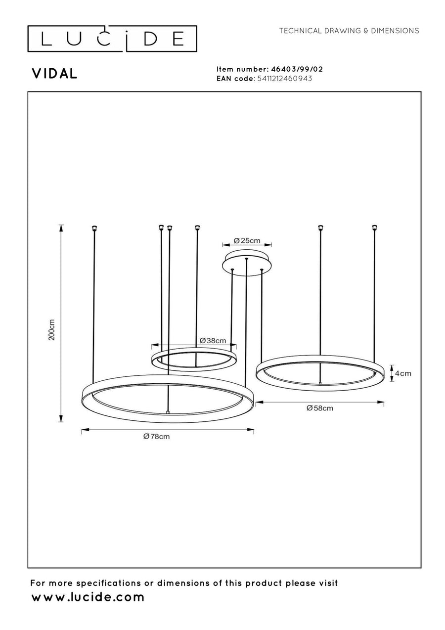Lucide VIDAL dimbare LED-hanglamp Ø 78 cm, 120 W, matgoud / messing