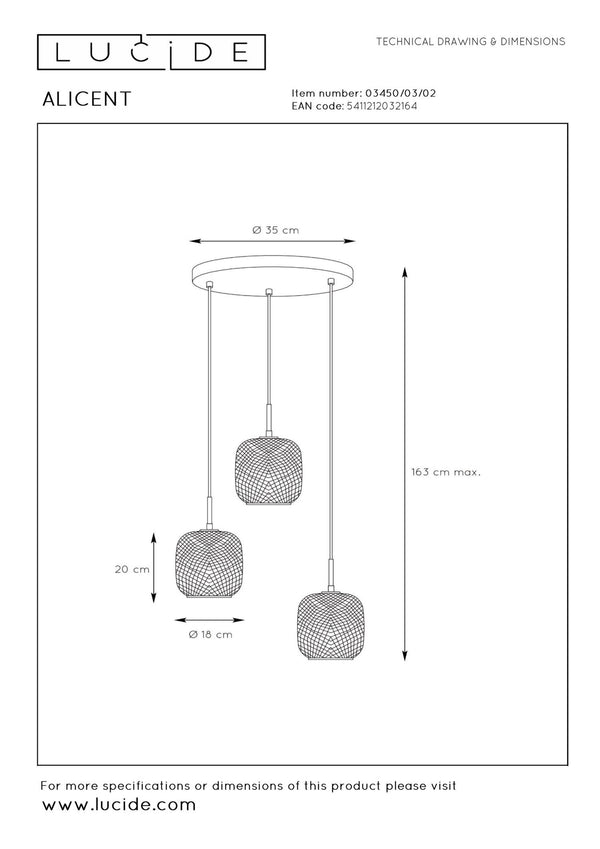 Lucide ALICENT hanglamp Ø 35 cm, 3 × E27, matgoud / messing
