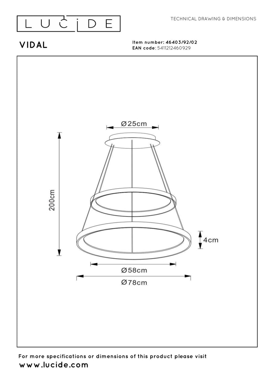 Lucide VIDAL dimbare LED-hanglamp Ø 78 cm, 92 W, matgoud / messing