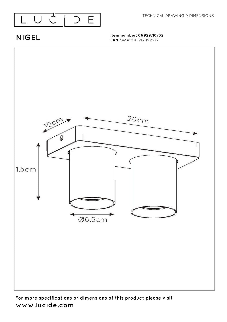 Lucide NIGEL dimbare LED-plafondspot 2 × GU10, 2 × 5 W, 2200–3000 K, matgoud / messing