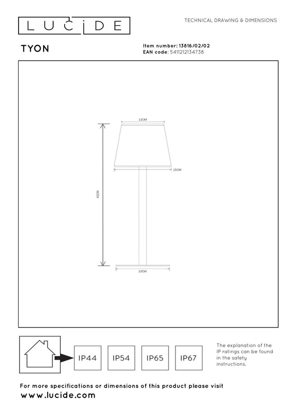 Lucide TYON oplaadbare LED-tafellamp voor binnen en buiten met dimfunctie, Ø 15 cm, 2 W, IP65, matgoud / messing