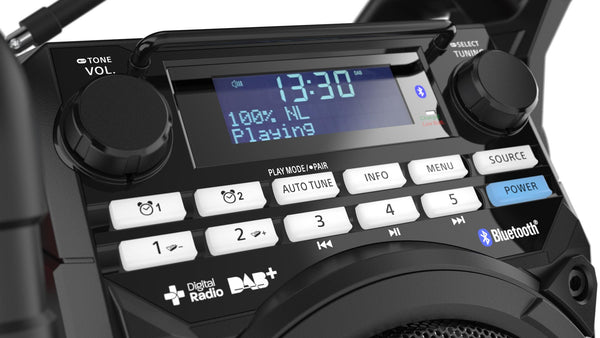 DAB+ / FM / Bluetooth / USB (lader/speler)  / Oplaadbaar / IP65