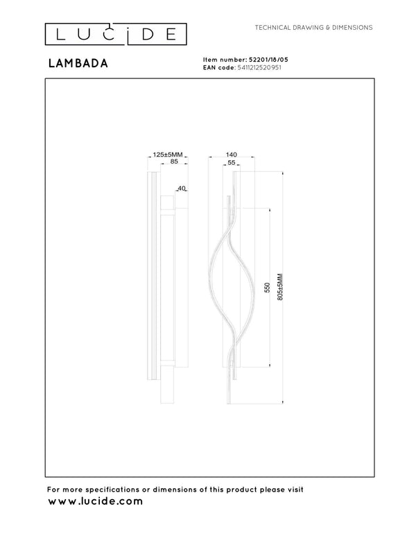 Lucide LAMBADA dimbare LED-wandlamp 20 W, champagne