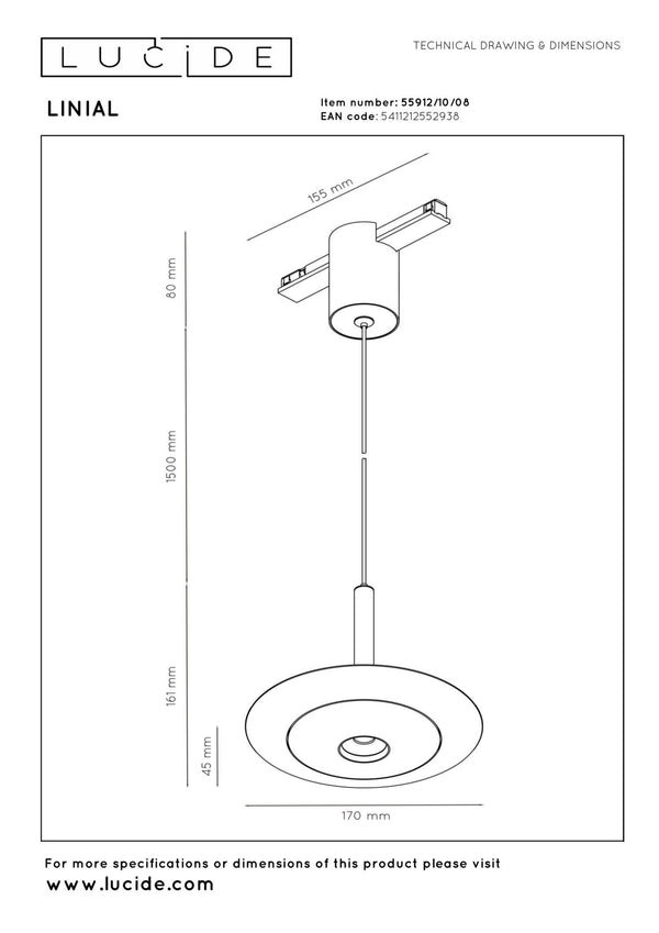 Lucide LINIAL DISC hanglamp railsysteem 48 V, satijn gunmetal