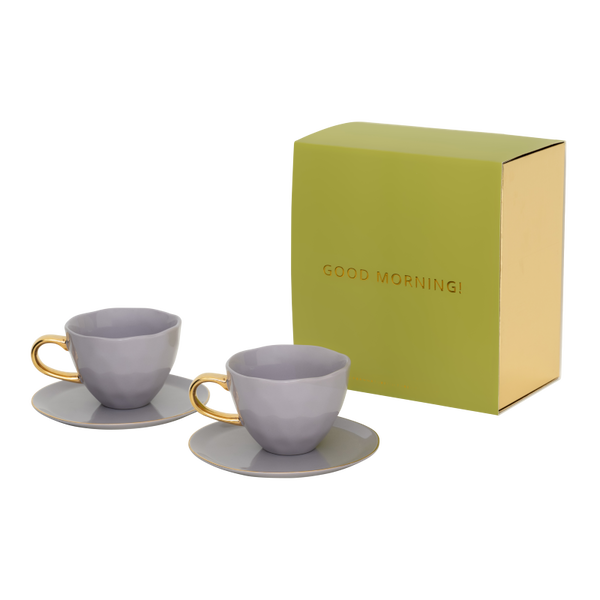 Good morning cappuccino-/theekop en bord lila, set van 4, in geschenkverpakking