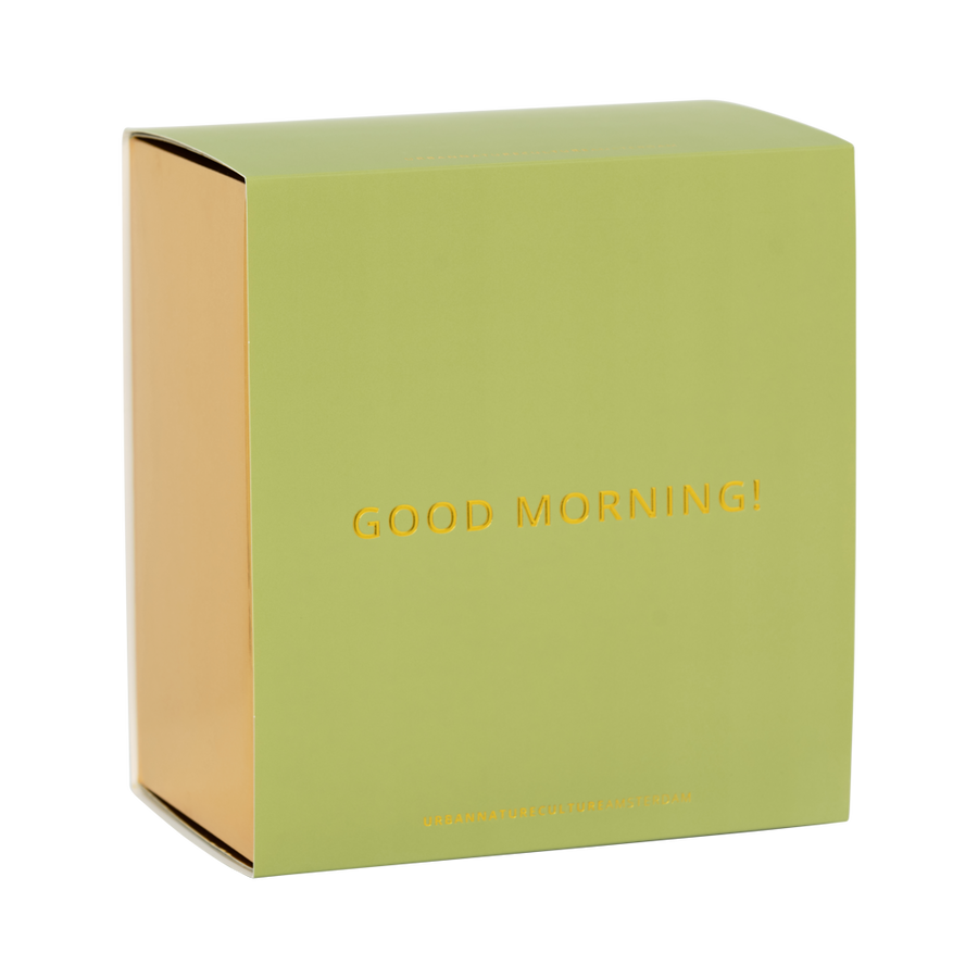 Good morning cappuccino-/theekop en bord lila, set van 4, in geschenkverpakking