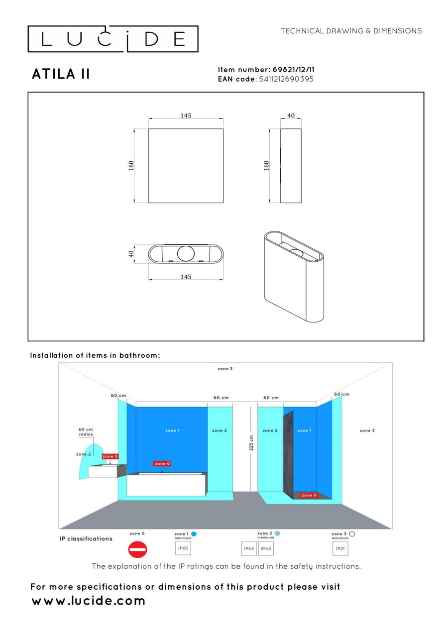 Lucide ATILA II dimbare LED-wandlamp voor de badkamer 2 × 5 W, 2200–3000 K, IP54, chroom
