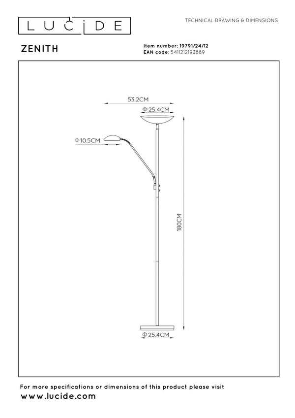 Lucide ZENITH dimbare LED-leesvloerlamp satijnchroom