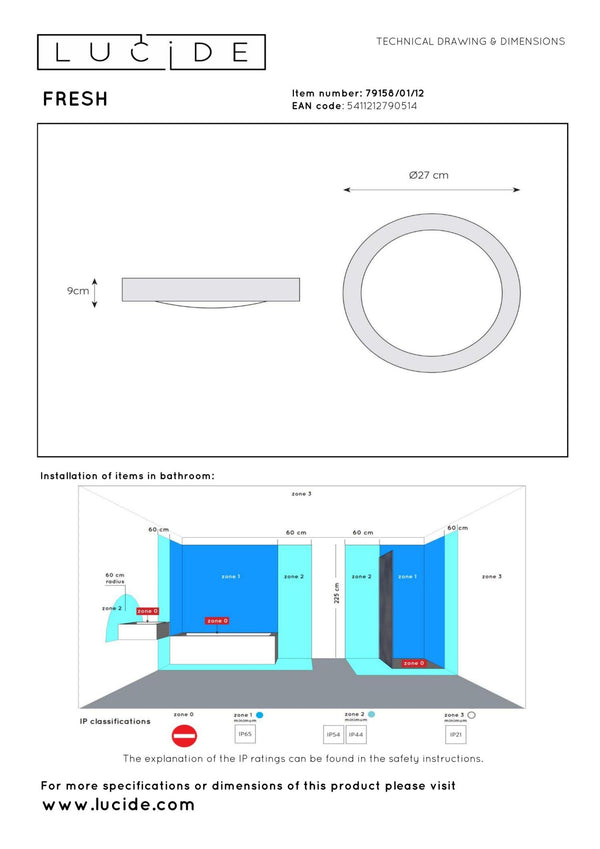 Lucide FRESH plafondlamp voor de badkamer Ø 27 cm, E27, IP44, satijnchroom