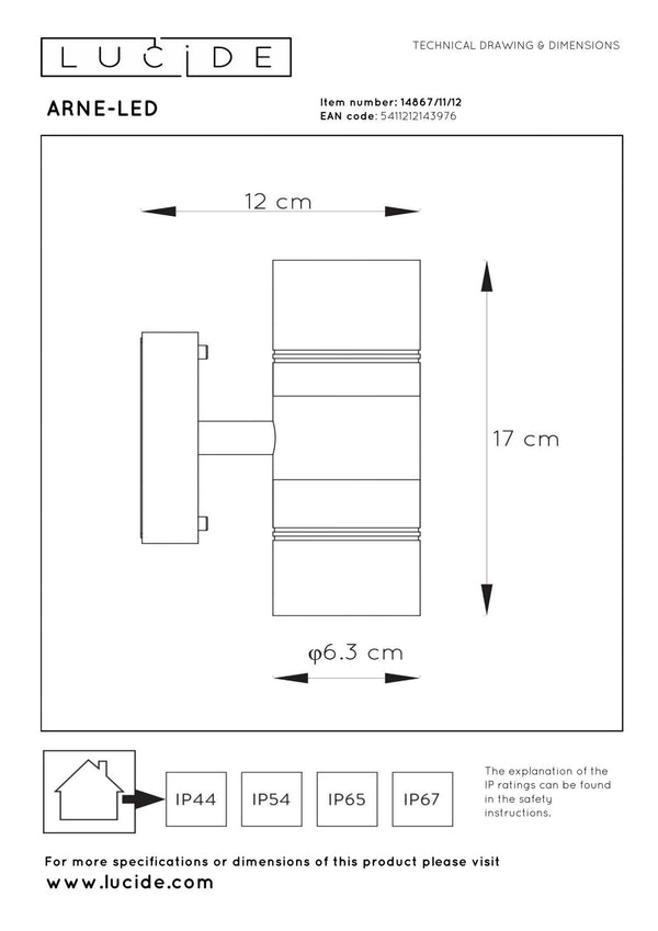 Lucide ARNE-LED wandlamp voor binnen en buiten Ø 6,3 cm, 2 × 5 W, IP44, satijnchroom