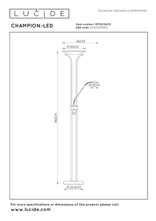 Lucide CHAMPION-LED dimbare LED-leesvloerlamp Ø 30 cm, satijnchroom