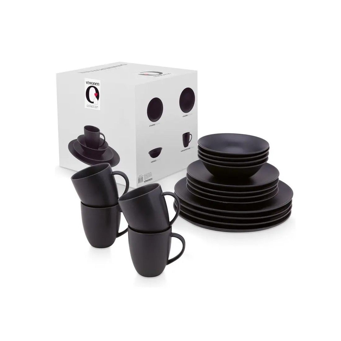 Set/16 Dinnerware Raw Matt Black