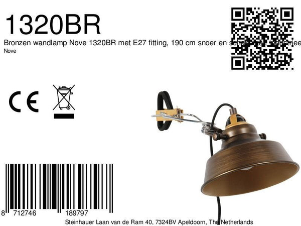 Klem-wandlamp nove 1320br bronskleurige kap 18cm