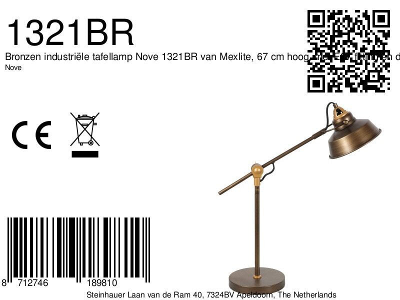 Bronzen stoere tafellamp nove 1321br met e27 fitting