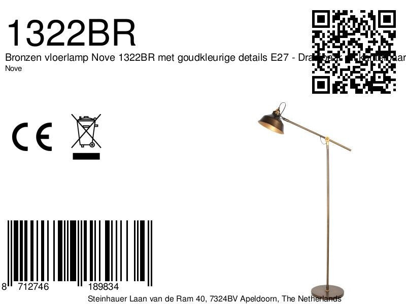 Bronzen vloerlamp nove 1322br met goudkleurige details e27