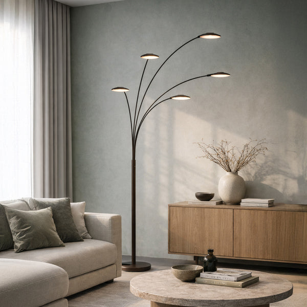 5-lichts vloerlamp synna 1327ca – cacao kleurige led booglamp met dimfunctie