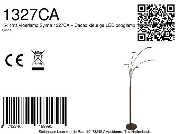 5-lichts vloerlamp synna 1327ca – cacao kleurige led booglamp met dimfunctie