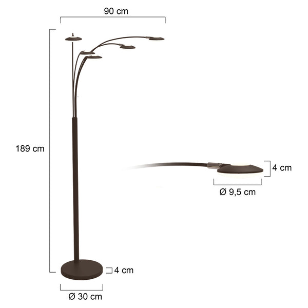 5-lichts vloerlamp synna 1327ca – cacao kleurige led booglamp met dimfunctie