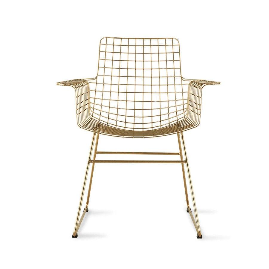 Metal wire chair with arms brass