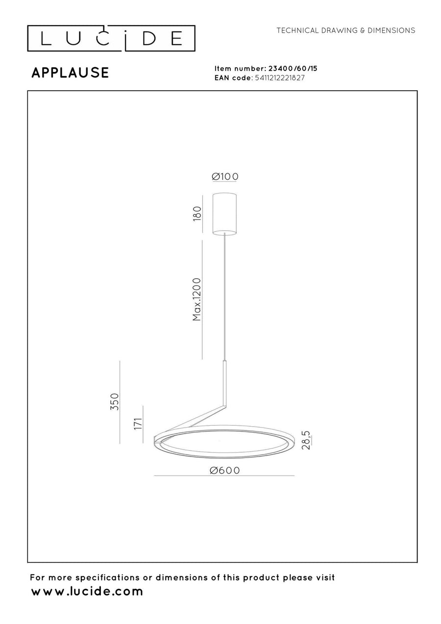 Lucide APPLAUSE dimbare LED-hanglamp met bewegingssensor Ø 60 cm, 32 W, 2700–4000 K, ijzergrijs