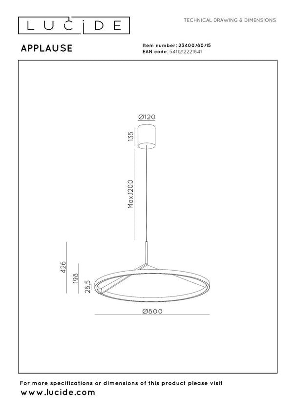Lucide APPLAUSE dimbare LED-hanglamp met bewegingssensor Ø 80 cm, 50 W, 2700–4000 K, ijzergrijs