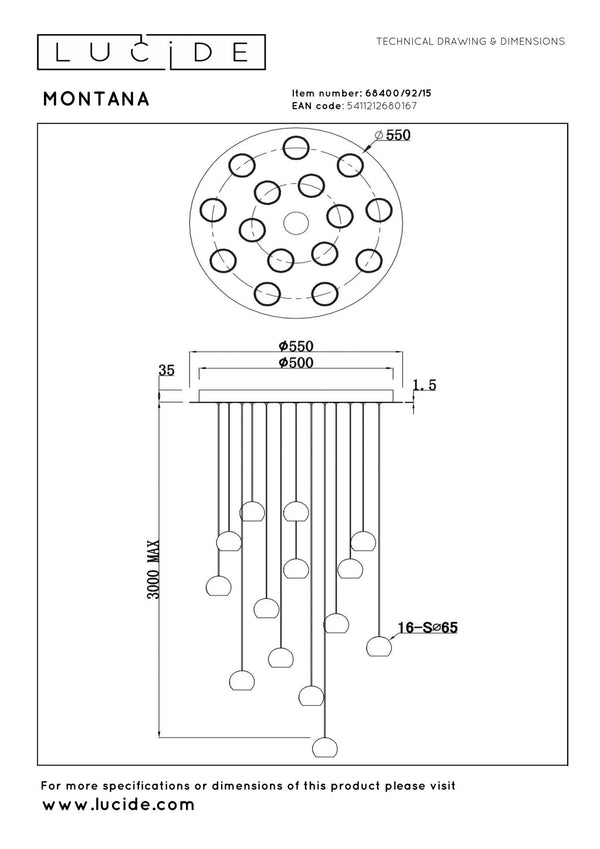 Lucide MONTANA dimbare LED-hanglamp 16 × 5,7 W, 2700–4000 K, ijzergrijs