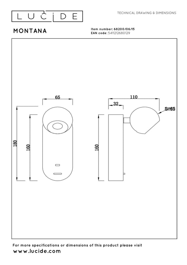 Lucide MONTANA LED-wandlamp met USB-poort, 6 W, 2700–4000 K, ijzergrijs