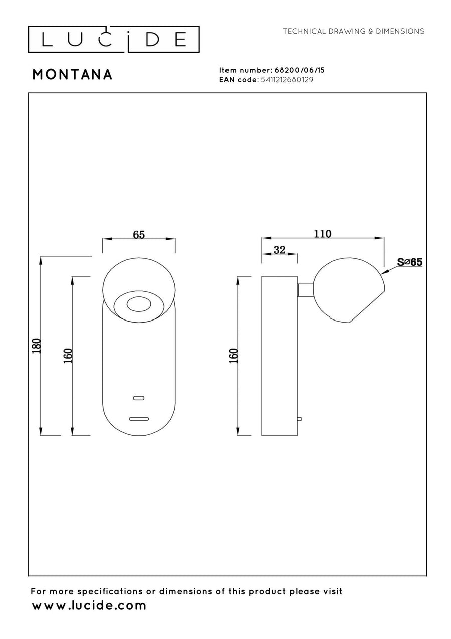 Lucide MONTANA LED-wandlamp met USB-poort, 6 W, 2700–4000 K, ijzergrijs