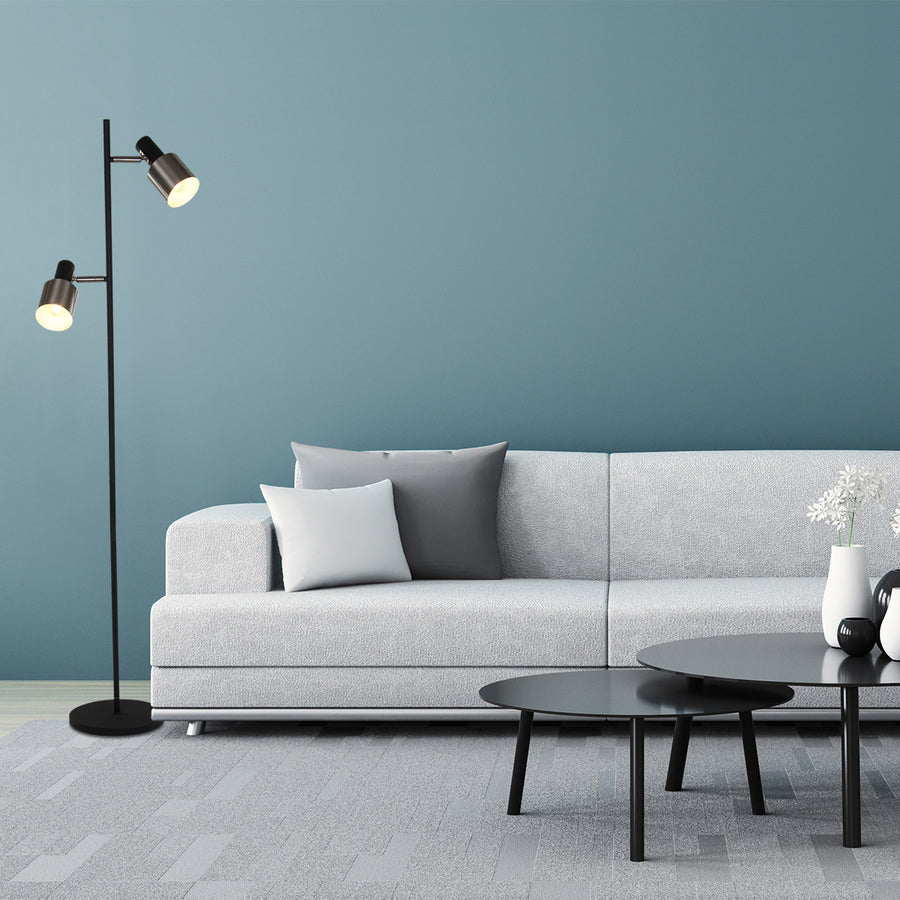 Vloerlamp fjorgard 1702zw - stoere 2-lichts lamp in zwart met metaal