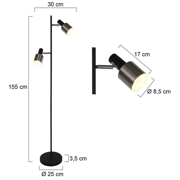 Vloerlamp fjorgard 1702zw - stoere 2-lichts lamp in zwart met metaal