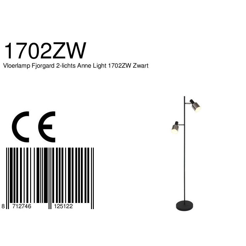 Vloerlamp fjorgard 1702zw - stoere 2-lichts lamp in zwart met metaal