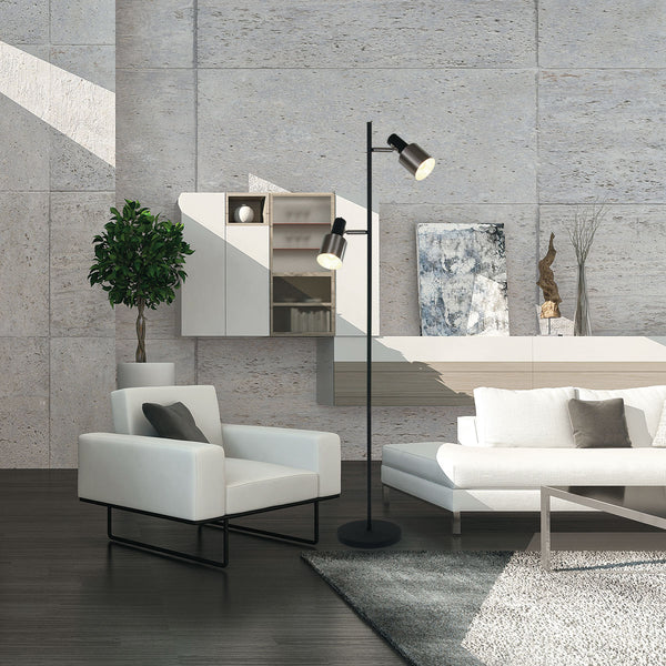 Vloerlamp fjorgard 1702zw - stoere 2-lichts lamp in zwart met metaal