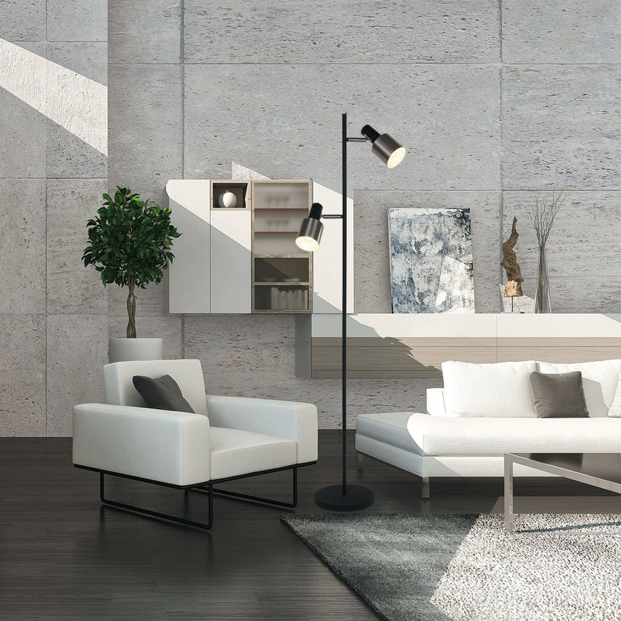 Vloerlamp fjorgard 1702zw - stoere 2-lichts lamp in zwart met metaal