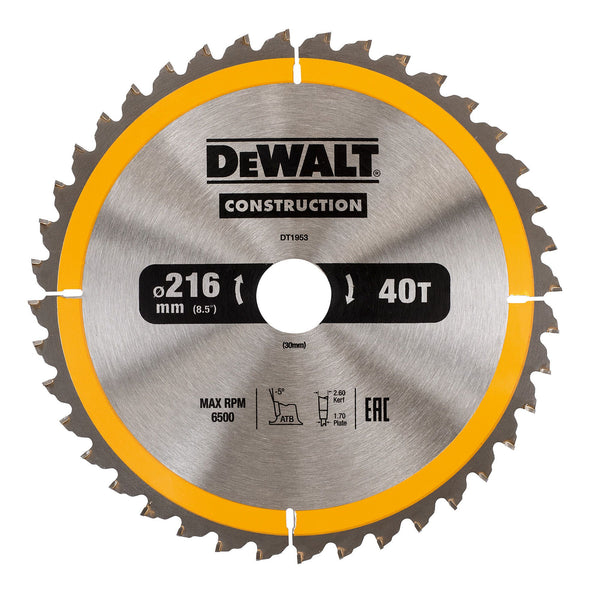 DT1953-QZ Construction cirkelzaagblad 216x30mm 40T