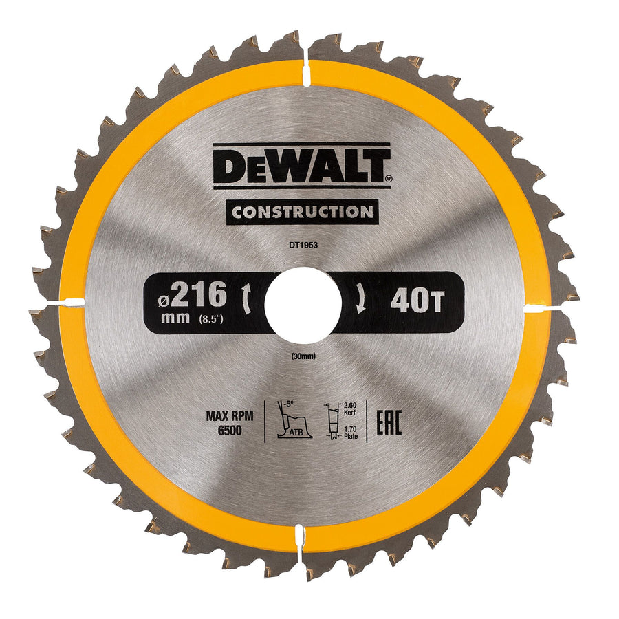 DT1953-QZ Construction cirkelzaagblad 216x30mm 40T