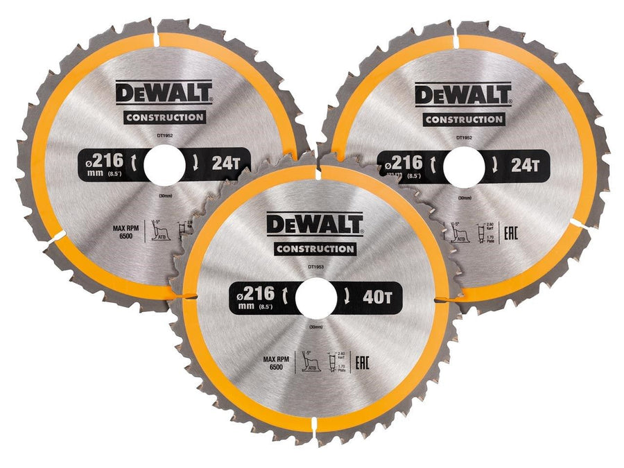 DT1962-QZ Construction cirkelzaagbladenset 216mm 3-delig (2X 24T 1X 40T)