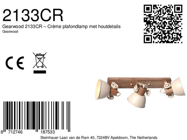 Gearwood 2133cr – crème plafondlamp met houtdetails