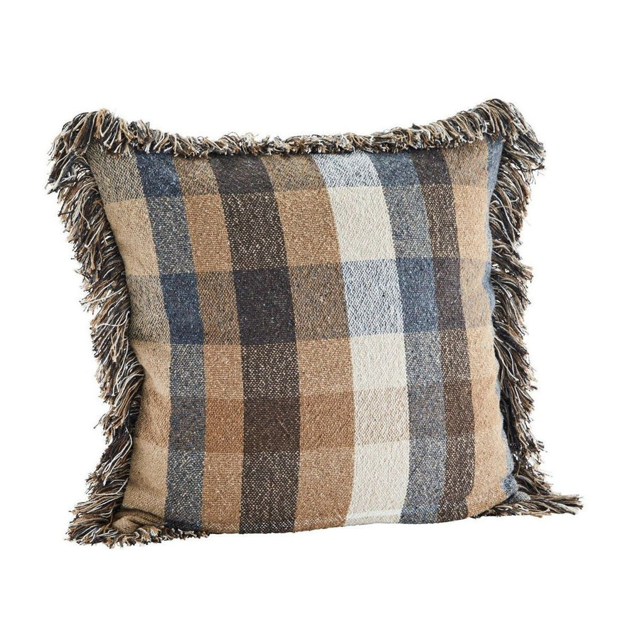 Checked cushion cover w/ fringes