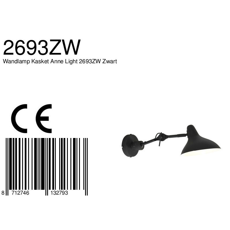 Zwarte wandlamp kasket 2693zw met grote fitting en schakelaar