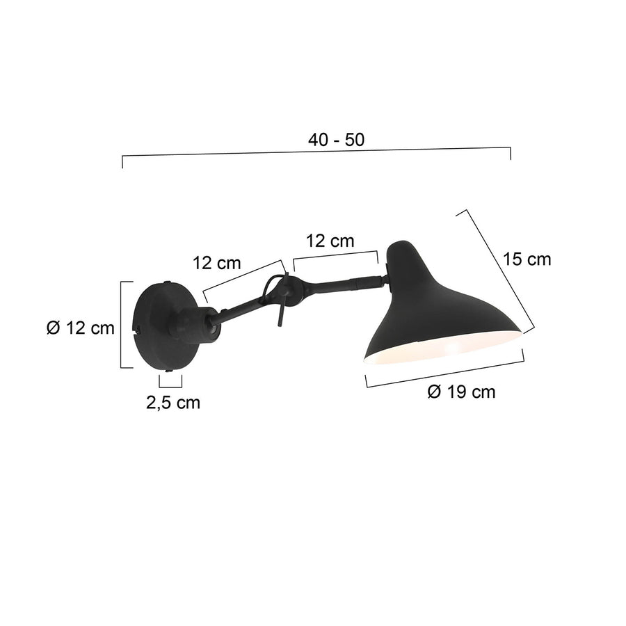 Zwarte wandlamp kasket 2693zw met grote fitting en schakelaar