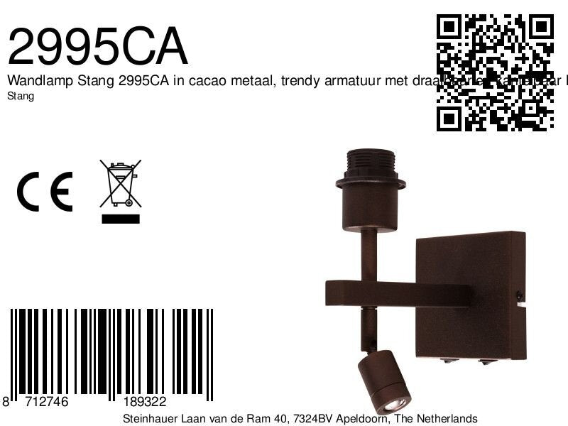 Wandlamp stang 2995ca armatuur met leeslamp in cacao metaal