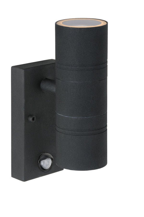 Lucide ARNE-LED wandspot voor binnen en buiten met bewegings- en dag-nachtsensor Ø 6,3 cm, 2 × GU10, 2 × 5 W, IP44, zwart