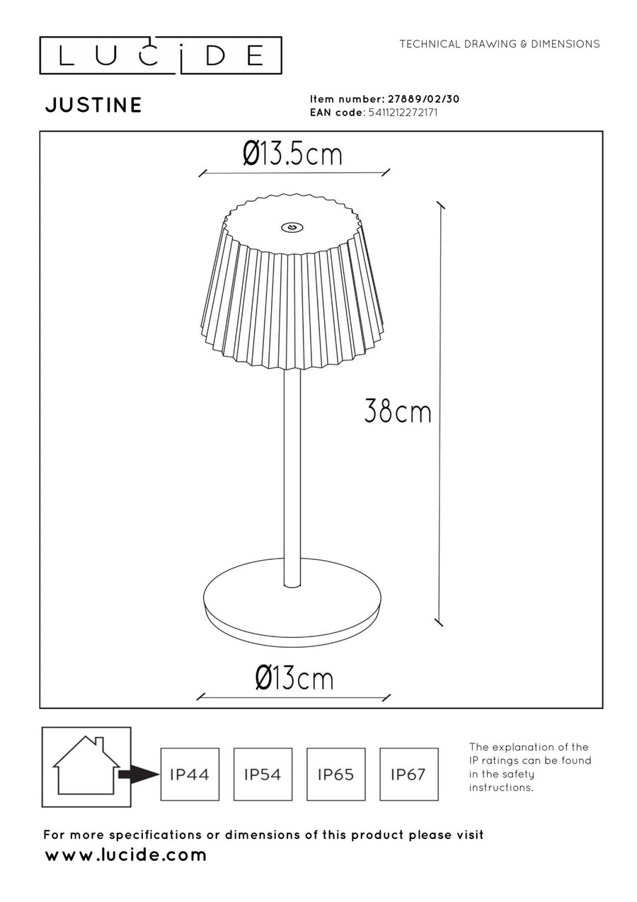 Lucide JUSTINE oplaadbare LED-tafellamp voor binnen en buiten met dimfunctie, 2 W, IP54, zwart