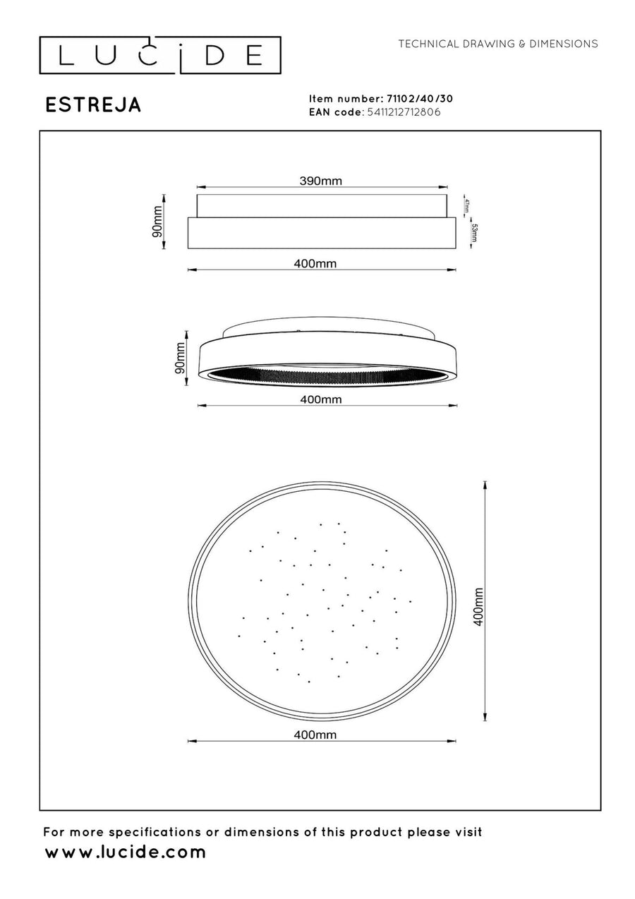 Lucide ESTREJA dimbare LED-plafondlamp met 3 dimstanden, Ø 40 cm, 2500–3000 K, zwart
