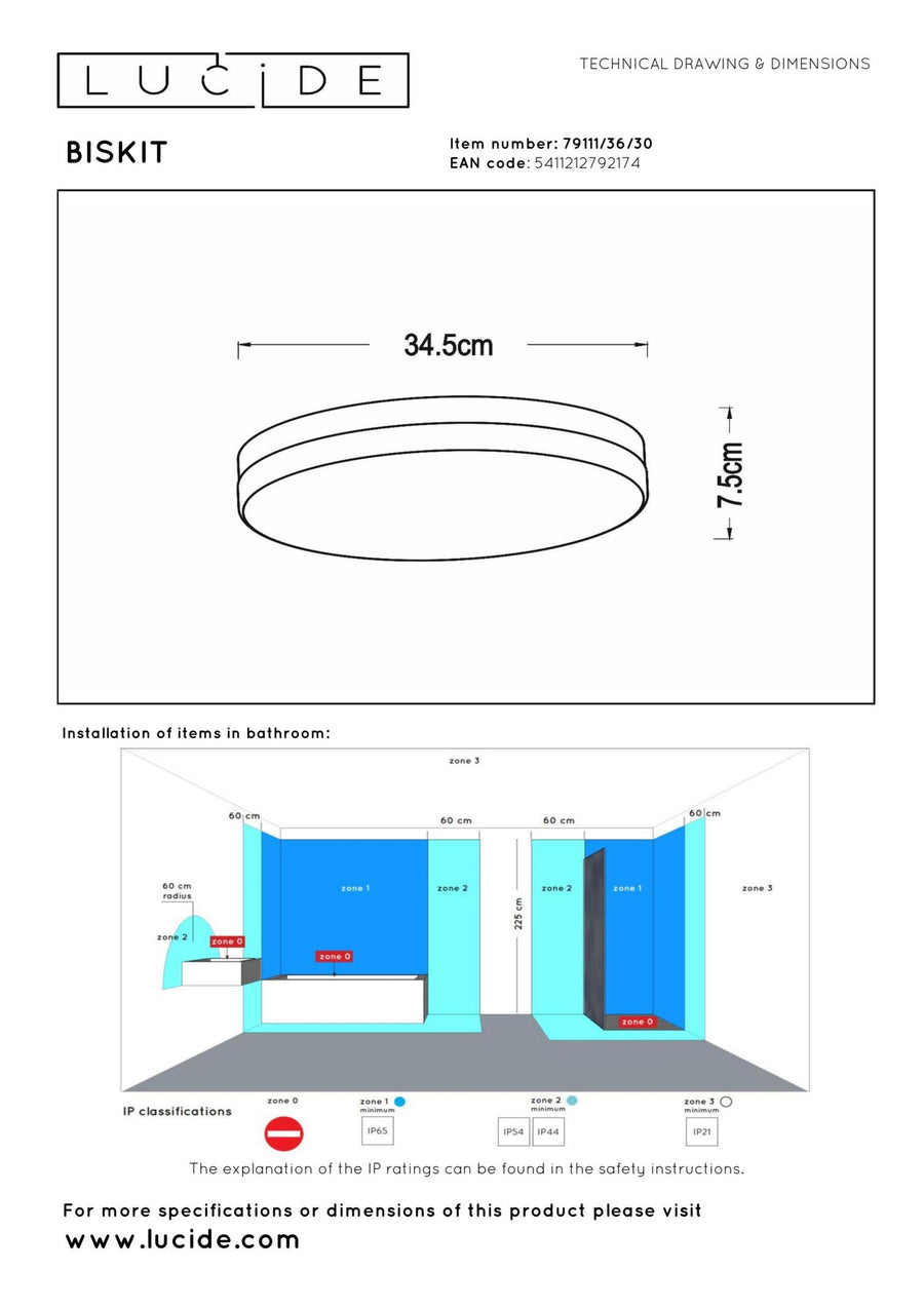 Lucide BISKIT LED-plafondlamp voor de badkamer met bewegingssensor Ø 34,5 cm, 24 W, IP44, zwart