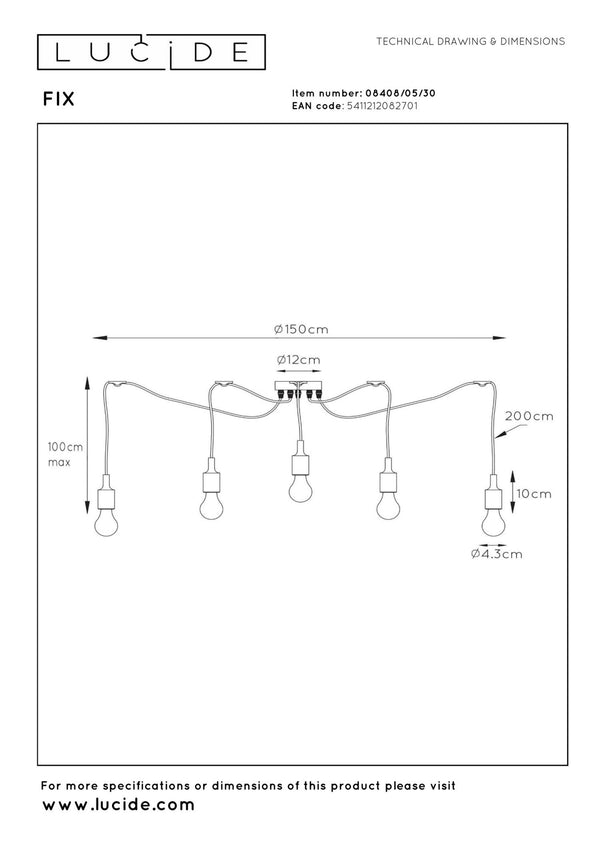 Lucide FIX hanglamp 5 × E27, zwart