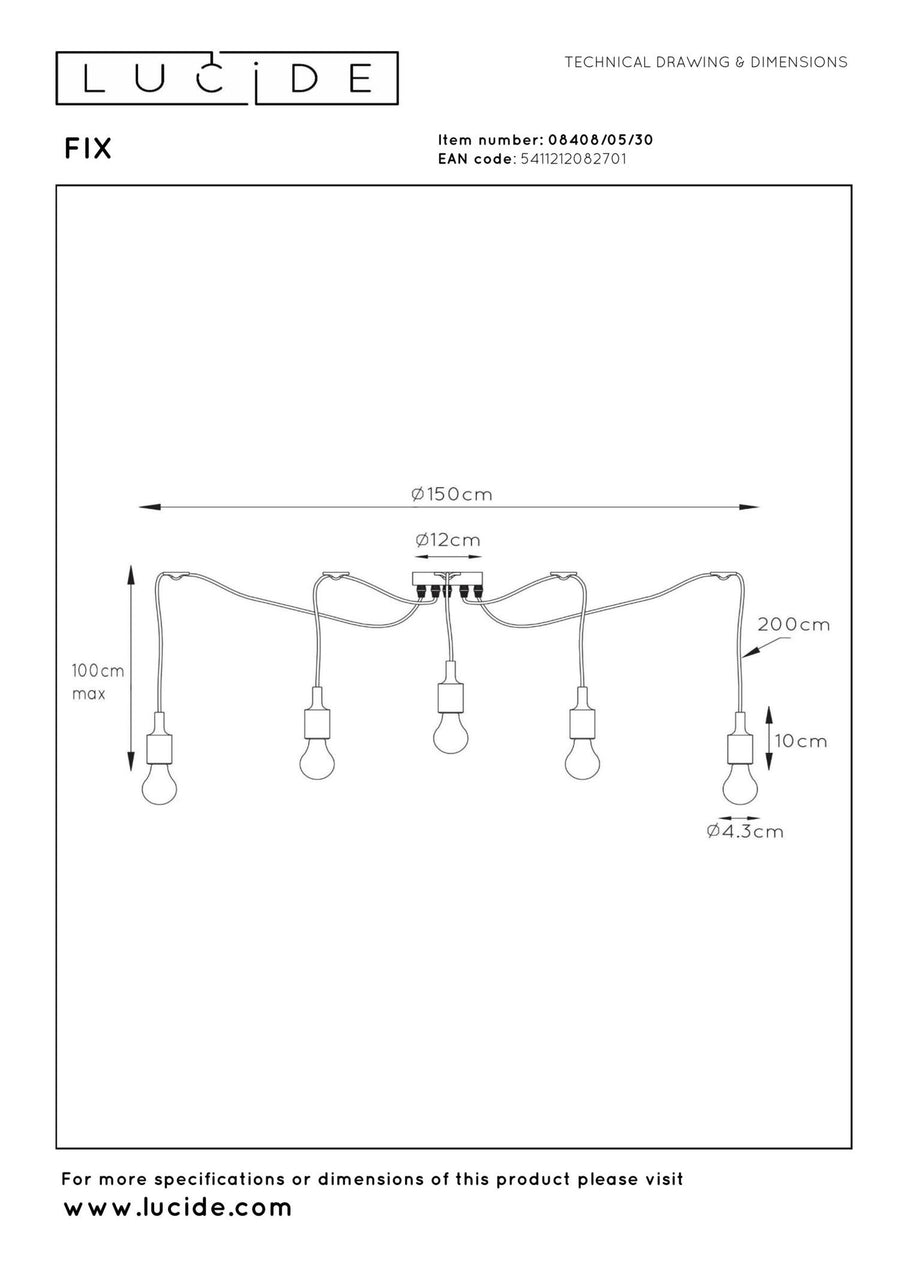 Lucide FIX hanglamp 5 × E27, zwart