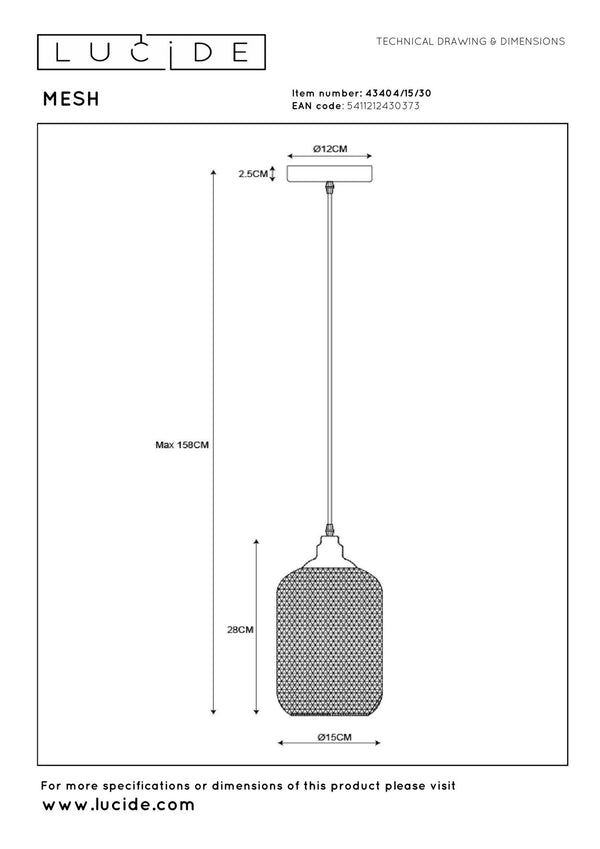 Lucide MESH hanglamp Ø 15 cm, E27, zwart